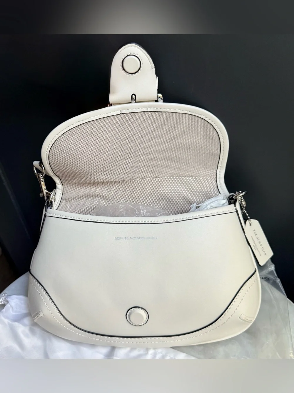 NWOT Coach Soho Flap Bag in Regenerative Leather Chalk White CR699 Silver